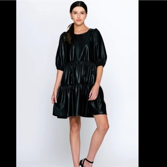 Calista Faux Leather Black Dress - Picture 3 of 11